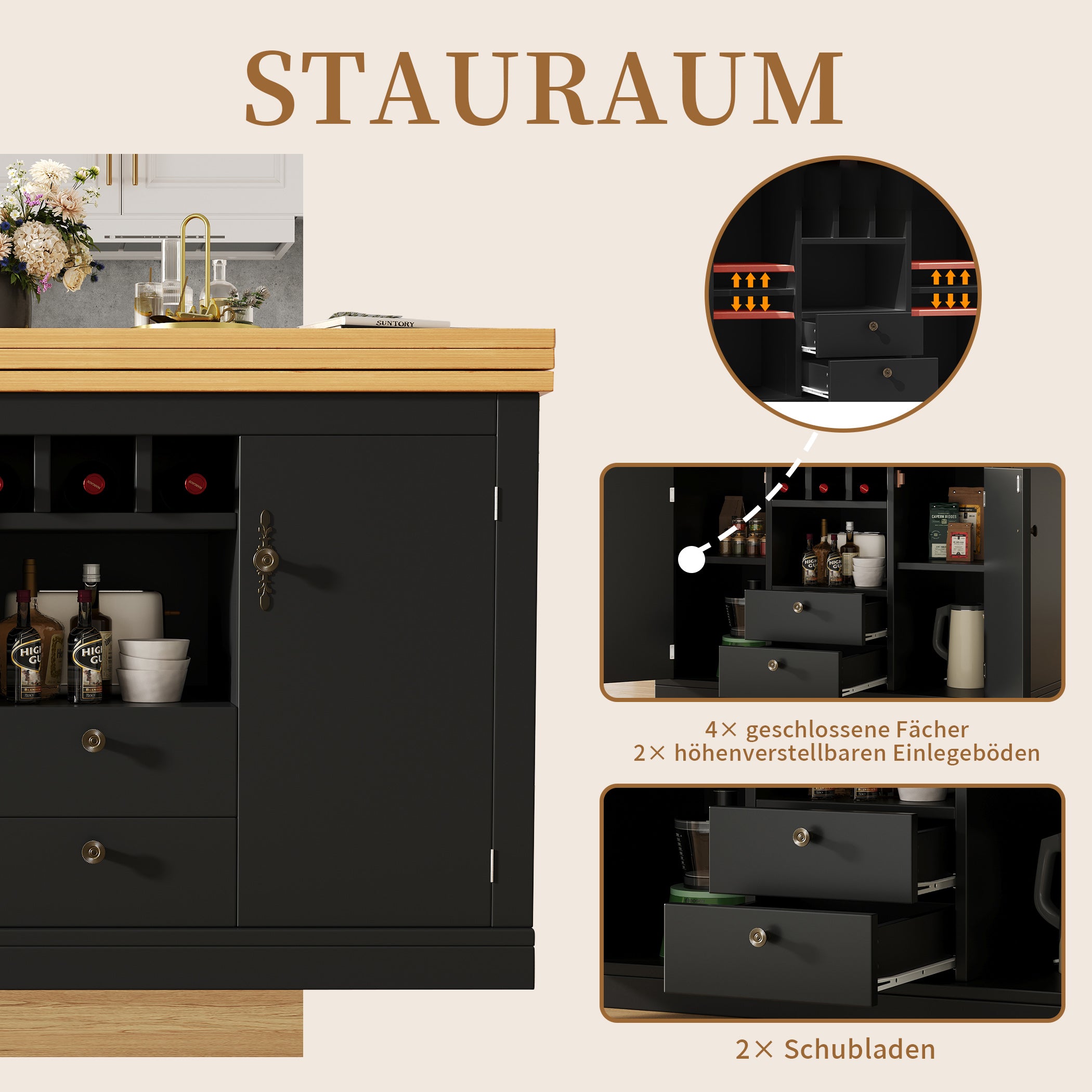 Ausziehbarer Bartisch mit 360° Drehfunktion und Stauraum, von 120-180cm