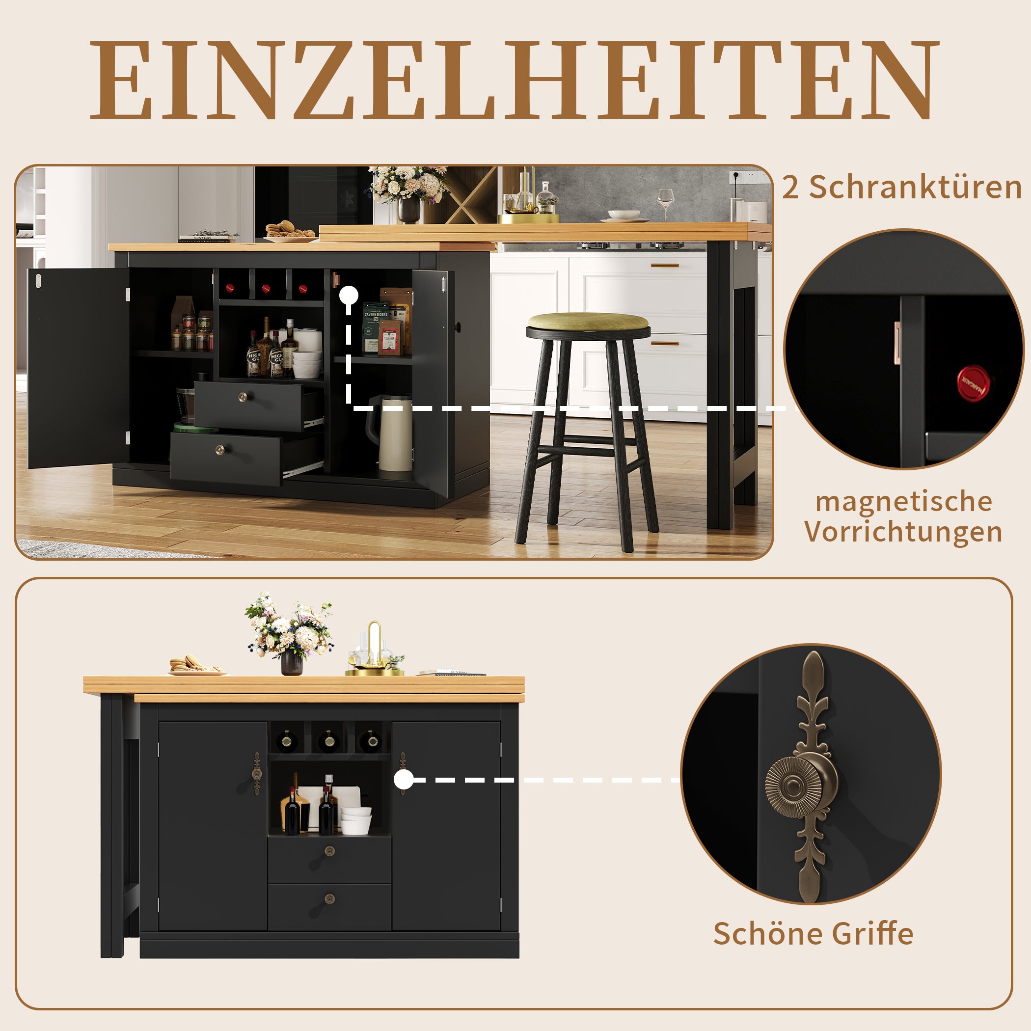 Ausziehbarer Bartisch mit 360° Drehfunktion und Stauraum, von 120-180cm