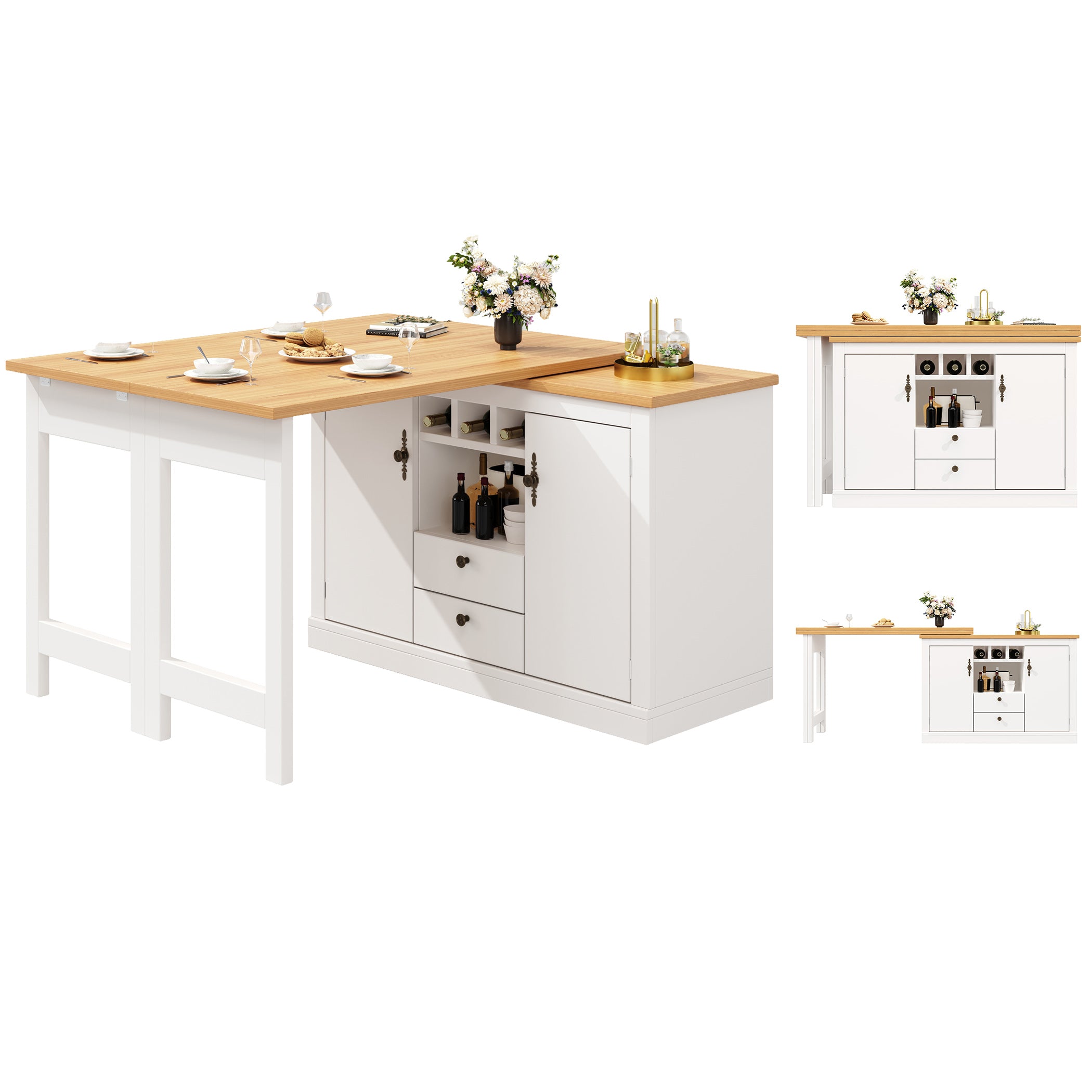 Ausziehbarer Bartisch mit 360° Drehfunktion und Stauraum, von 120-180cm