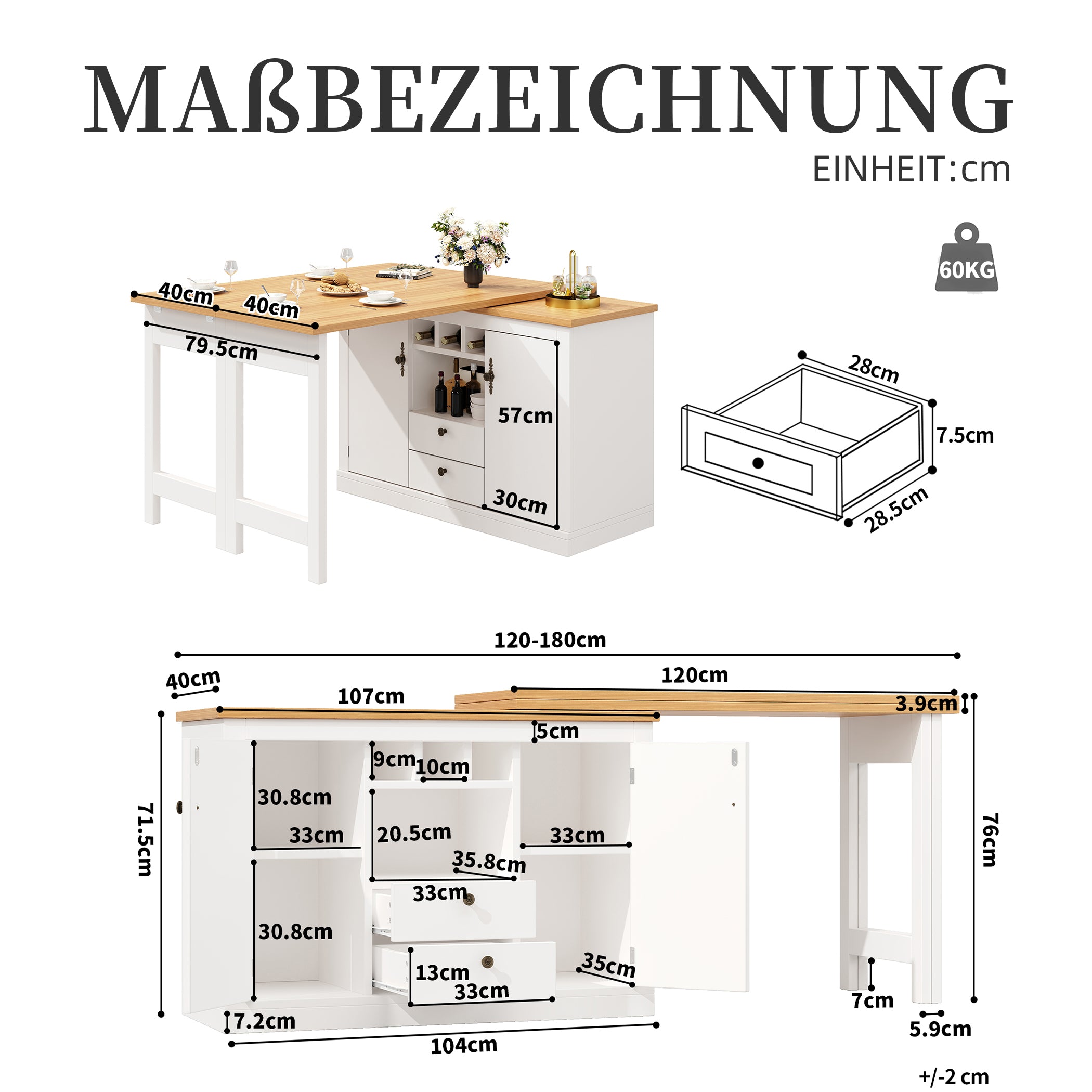 Ausziehbarer Bartisch mit 360° Drehfunktion und Stauraum, von 120-180cm