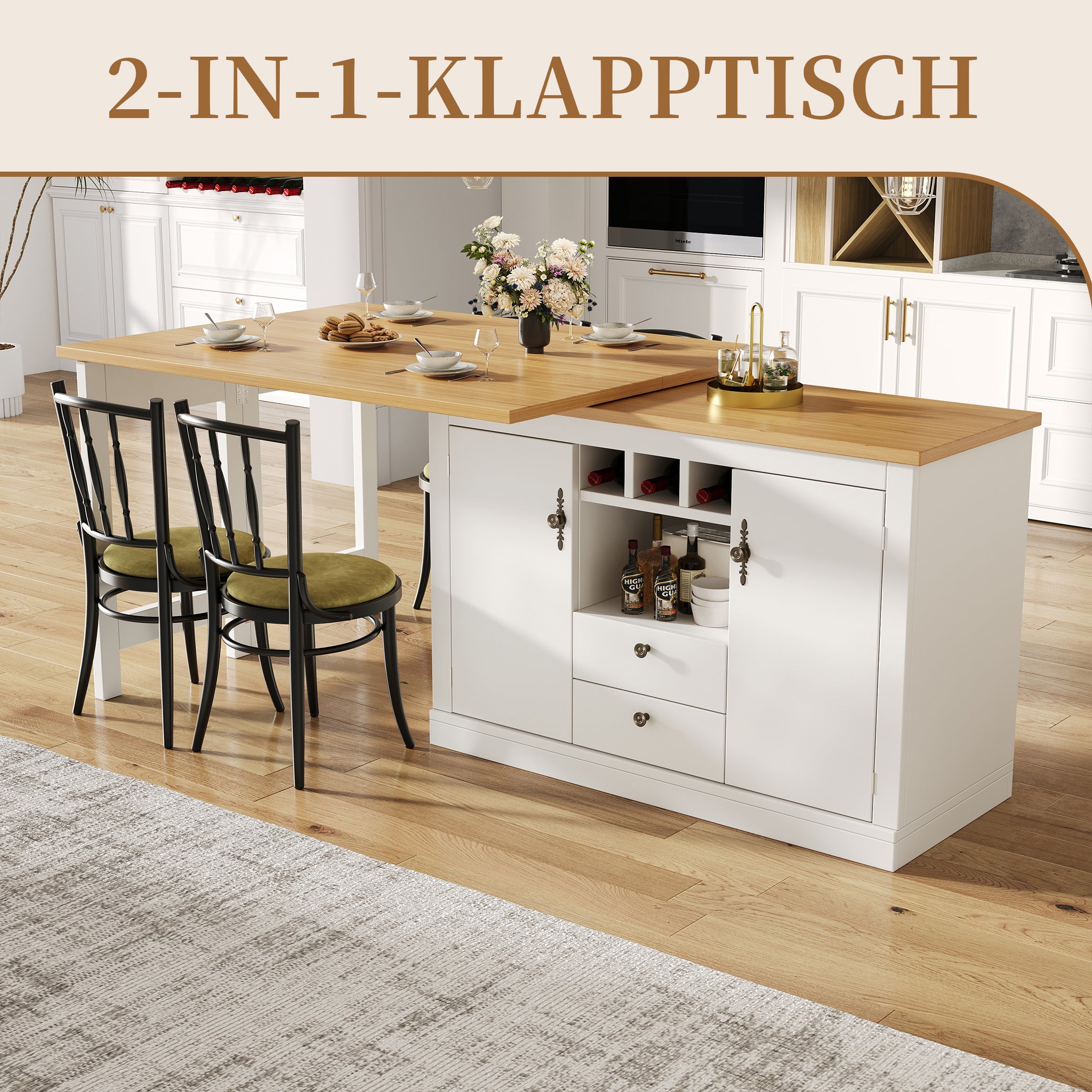 Ausziehbarer Bartisch mit 360° Drehfunktion und Stauraum, von 120-180cm