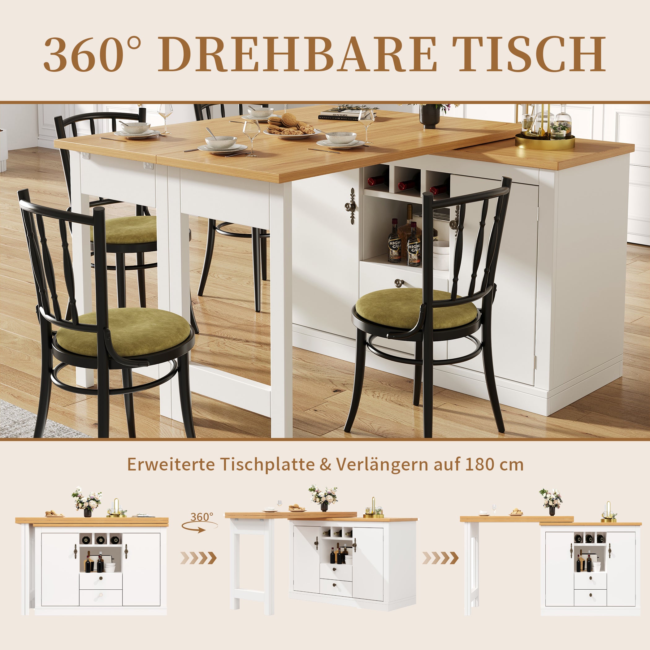 Ausziehbarer Bartisch mit 360° Drehfunktion und Stauraum, von 120-180cm