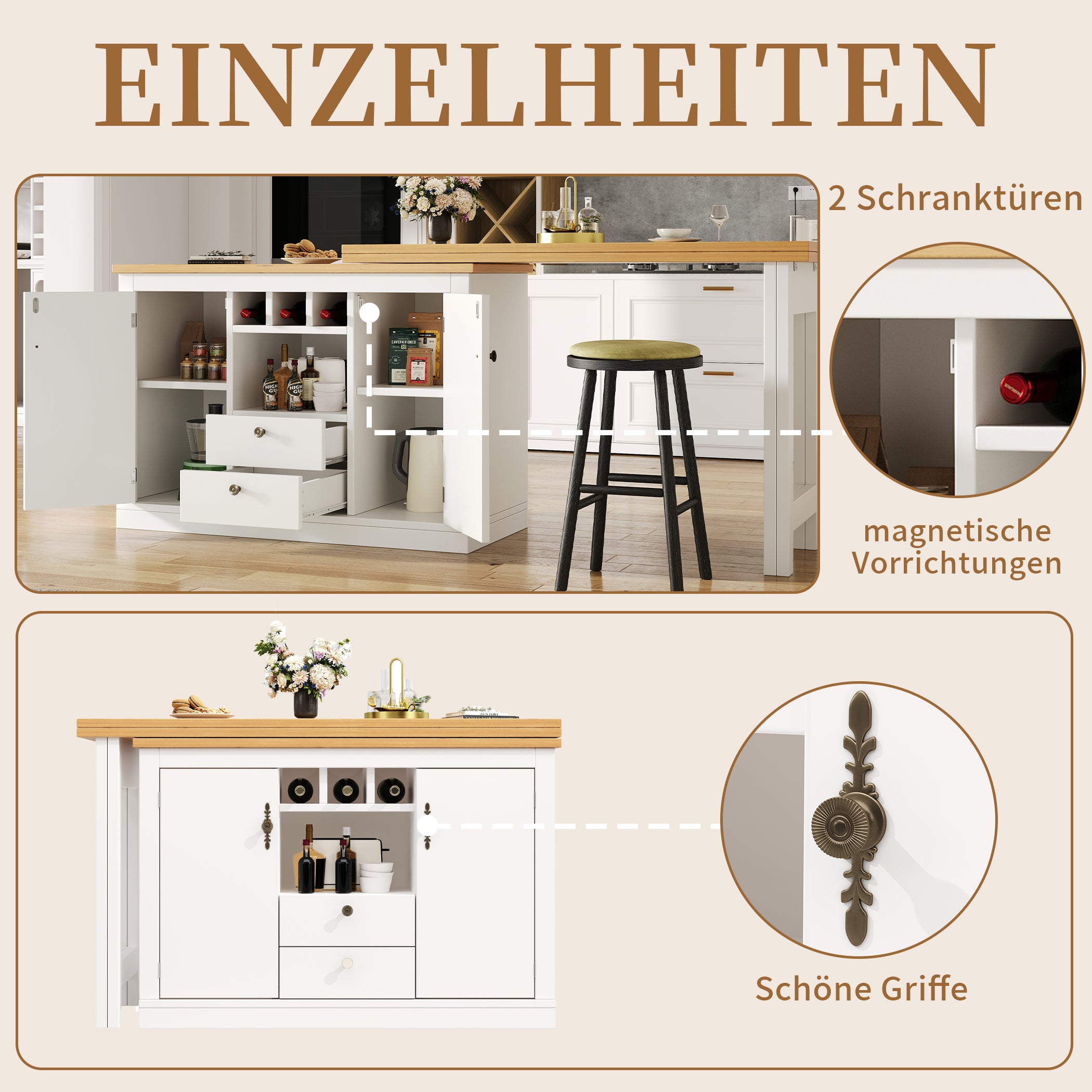 Ausziehbarer Bartisch mit 360° Drehfunktion und Stauraum, von 120-180cm